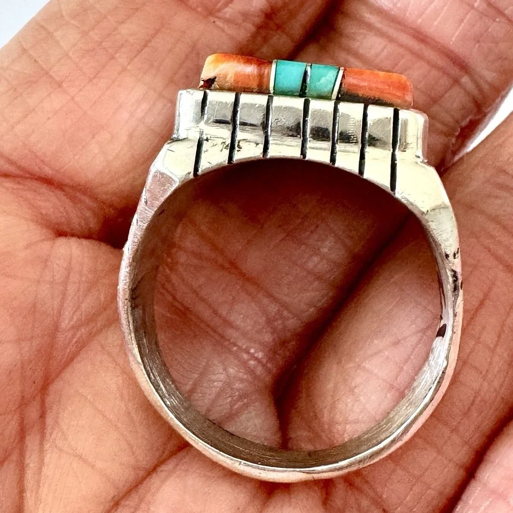 Turquoise Multi Stone Inlay Mens Ring Sz‎ 12 Navajo Sterling Signed T Jack 25mm